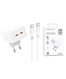Блок пит USB сетевой  BOROFONE BA76A + кабель Type-C - Type-C 1м Белый (2*PD 35W, 3000mA)
