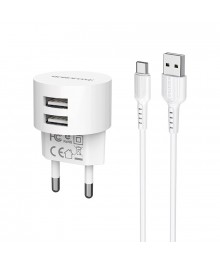 Блок пит USB сетевой  BOROFONE BA23A + кабель TypeC Бел (2USB, 5B,2400mA)