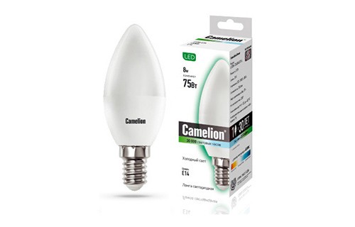 Эл. лампа светодиодная Camelion LED-C35- 8W-/845/E14(Свеча 8Вт 220В, аналог 75Вт) уп.1/10/100