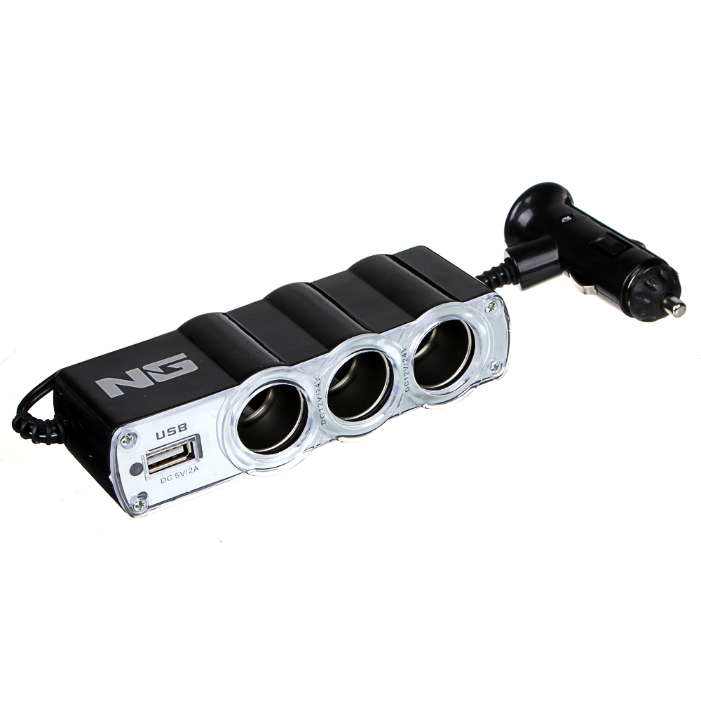 Разветвитель авто прикуривателя на 3 гнезда  NG, +1 USB, 60W, 12/24В, пластик