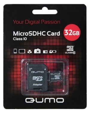 Пам.MicroSDHC,32Gb QUMO (Class 10 UHS-I, 3.0 сверхскоростная) с адап SD, черно-красн картон упаковк
