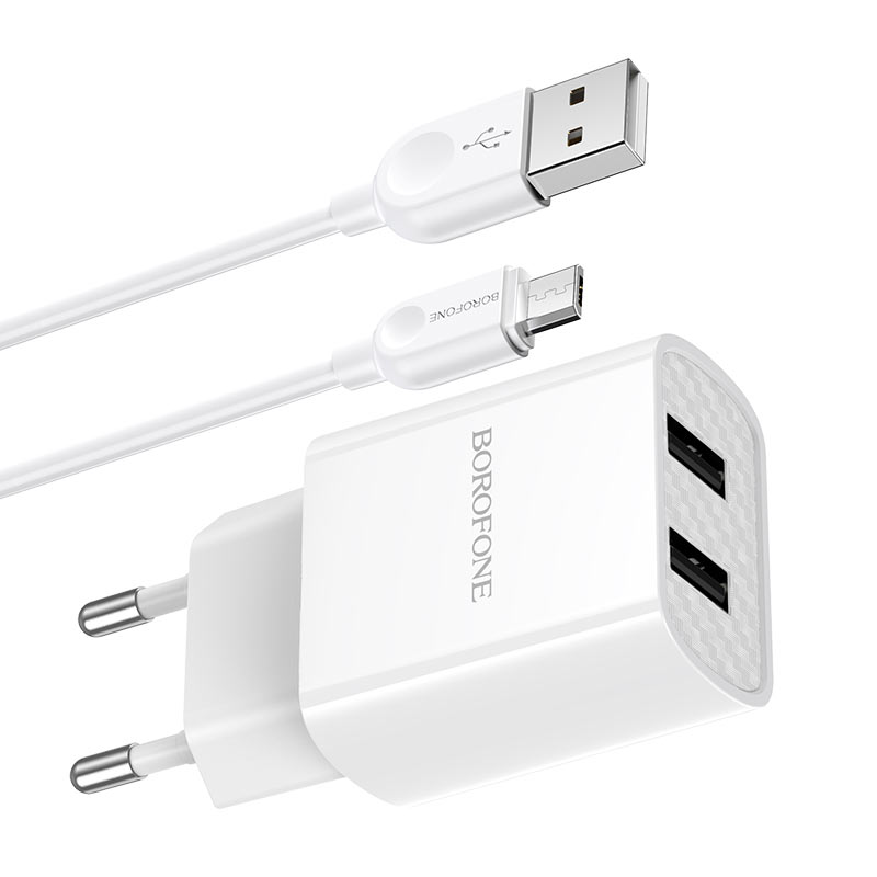 Блок пит USB сетевой  BOROFONE BA53A  + кабель Micro USB Белый (5B,2100mA,  + кабель Micro USB)