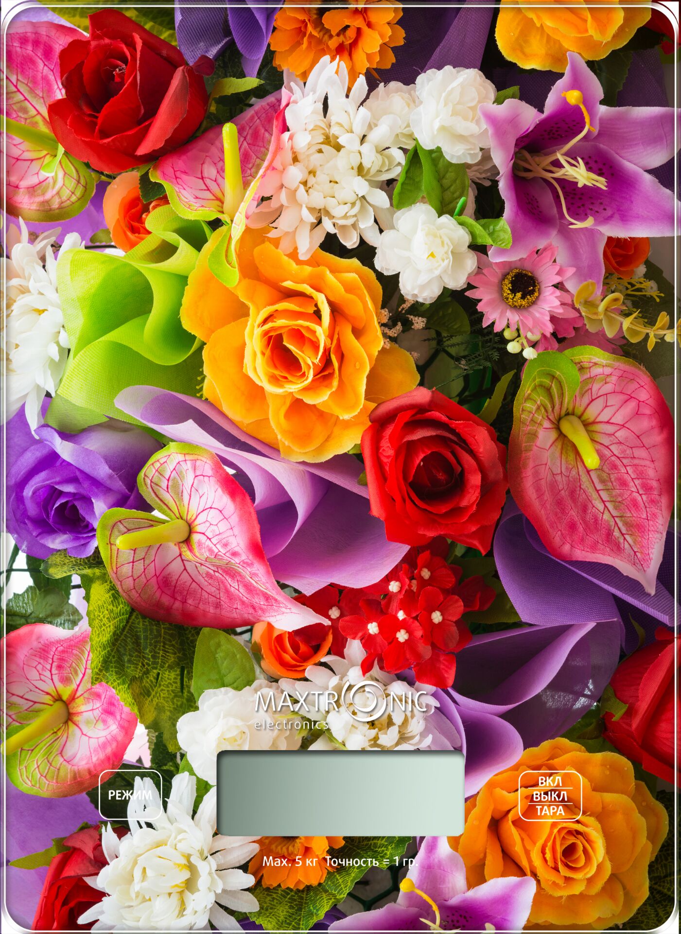Весы кухонные MAXTRONIC MAX-1031-5 Яркие цветы (прямоуг, электронные, 5 кг/1г) 24/уп