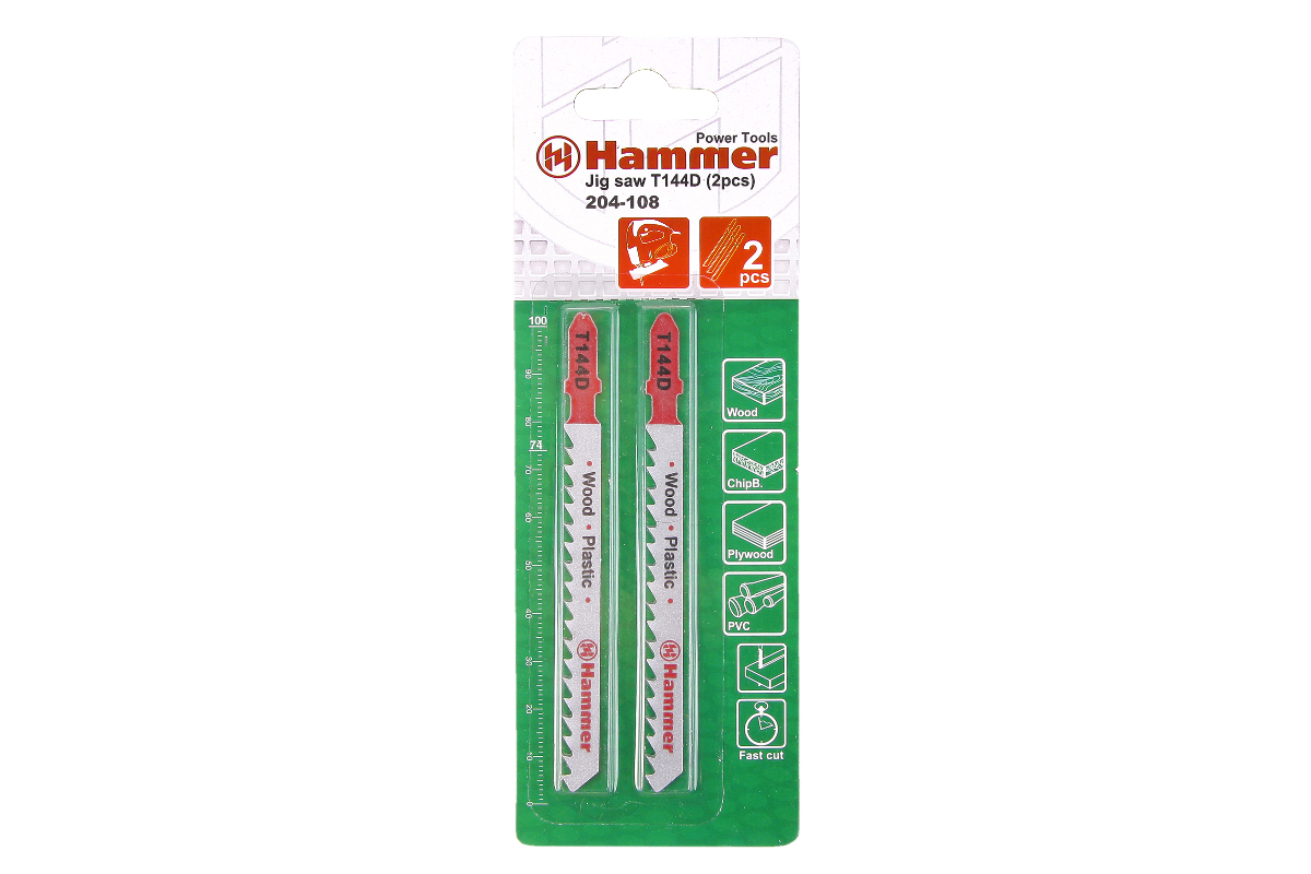 Пилки для лобзика Hammer Flex 204-108 JG WD-PL T144D  дерево, 74мм, шаг 4.0-5.2, HCS, 2шт.
