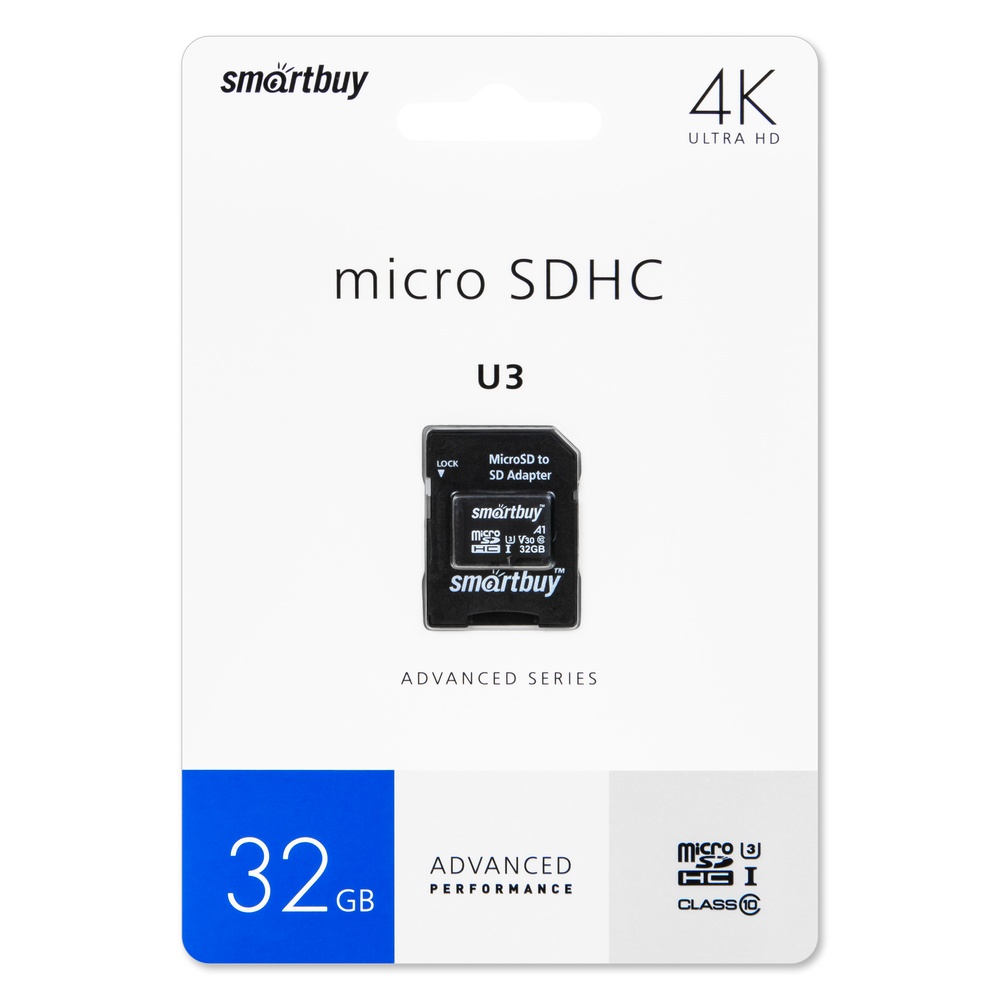 Пам.MicroSDHC,32Gb Smartbuy U3 V30 A1 Advanced R/W up to 90/55 с адапт CD (SB32GBSDU1A-AD)