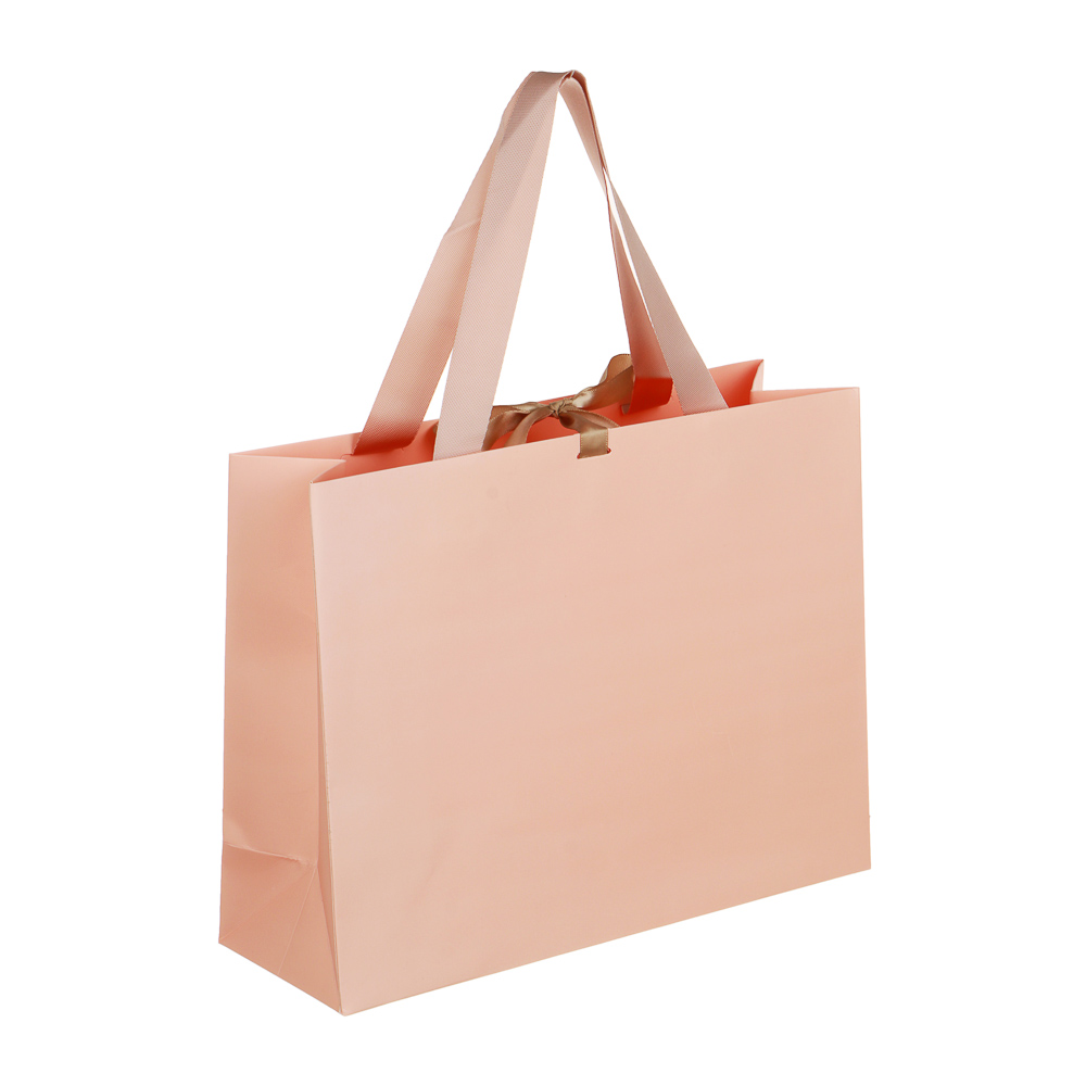 Пакет подарочный, высококачественная бумага, с лентой, 32x25x11 см, нежно-розовый