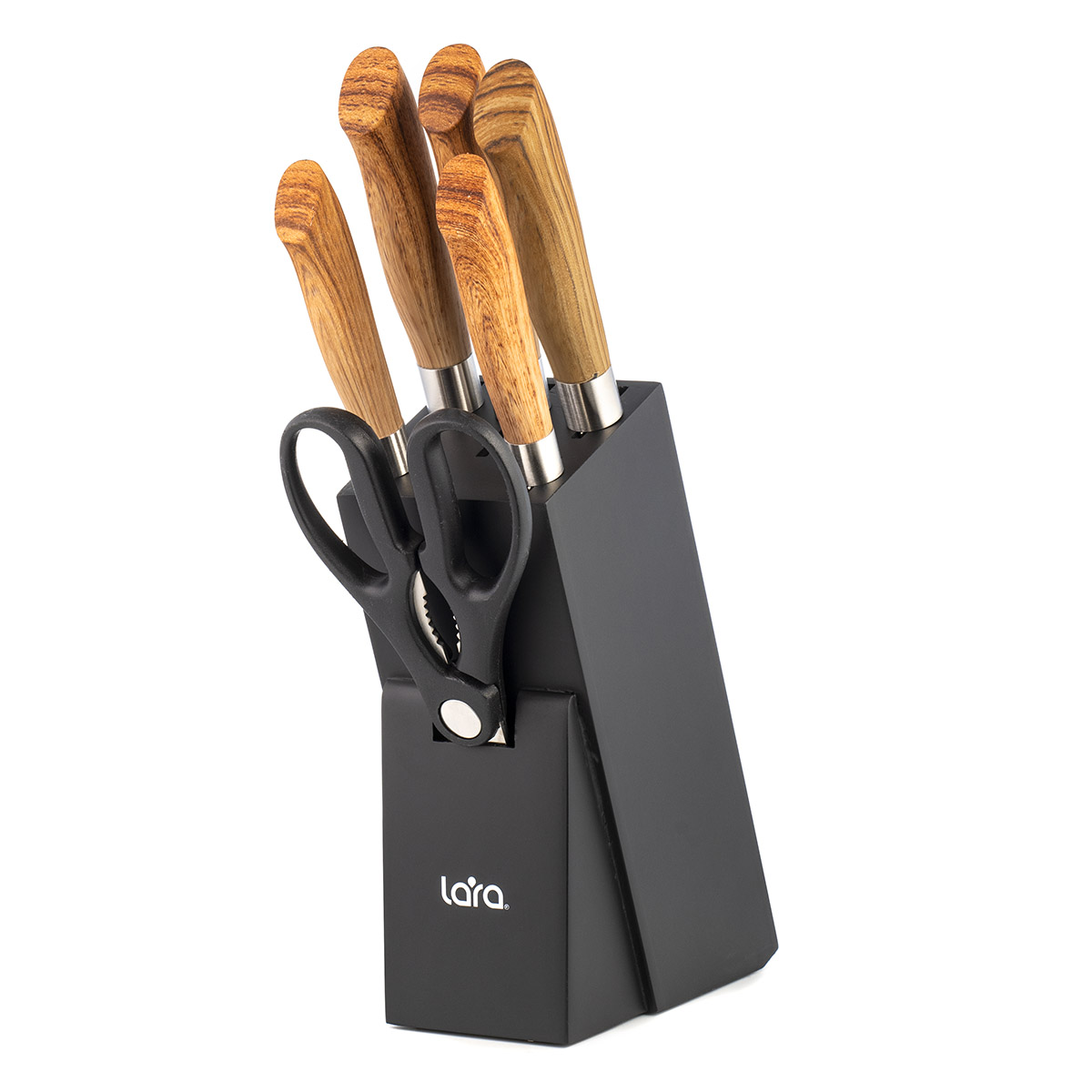 Набор ножей LARA LR05-56 7 предметов: Подставка (сосна) +5 ножей (Soft touch под дерево)+ножницы