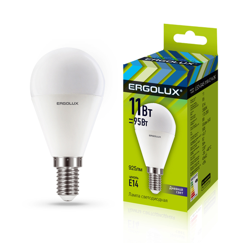 Эл. лампа светодиодная Ergolux LED-G45-11W-E14-6K (Шар 11Вт E14 6500K 172-265В, аналог Вт) 10/уп