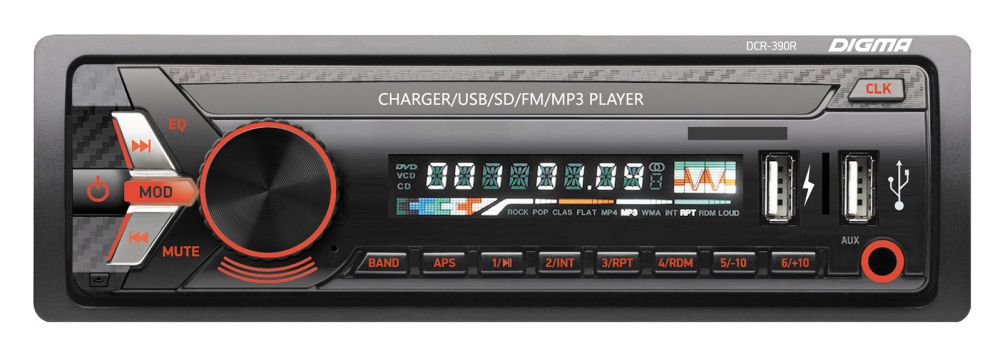 Авто магнитола  Digma DCR-390R (USB/SD/MMC/AUX MP3 4*45Вт 18FM красн подсв)