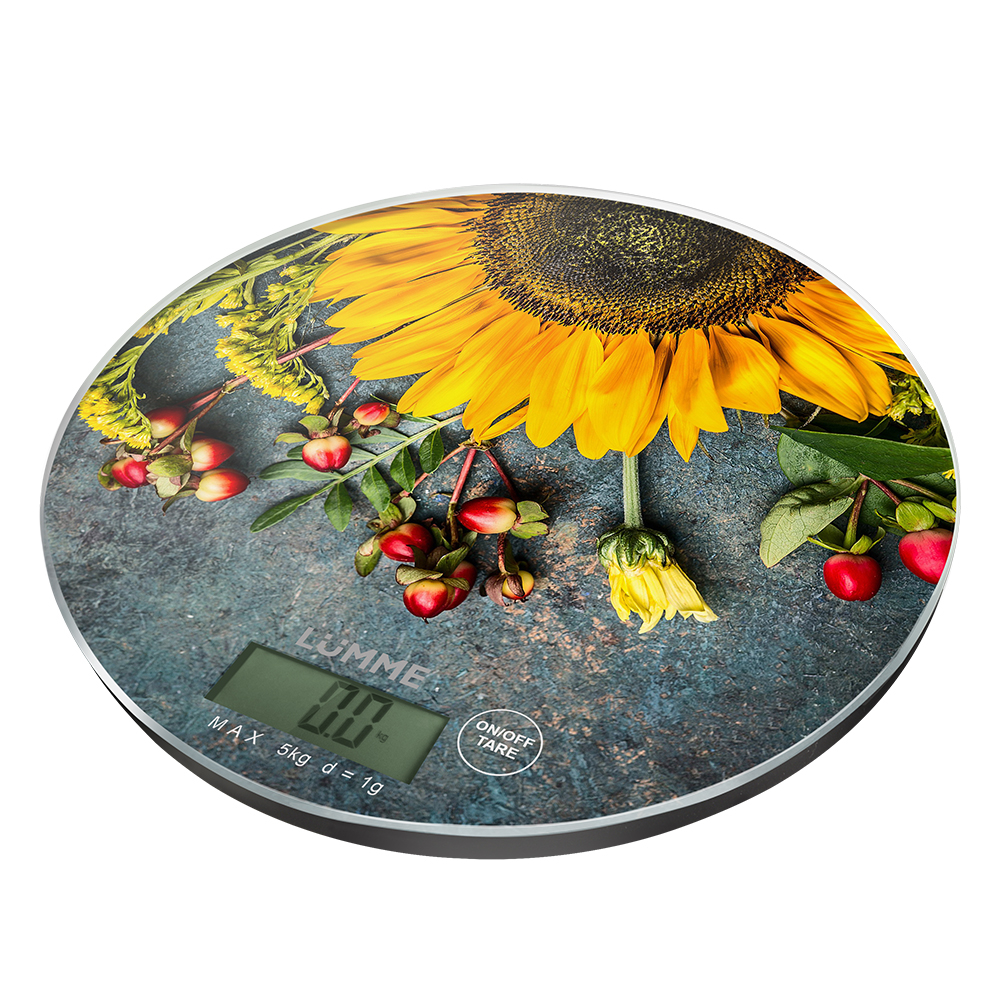 Весы кухонные LUMME LU-1341 летние цветы (круглые, электронные, термометр 5 кг/1г) 12/уп
