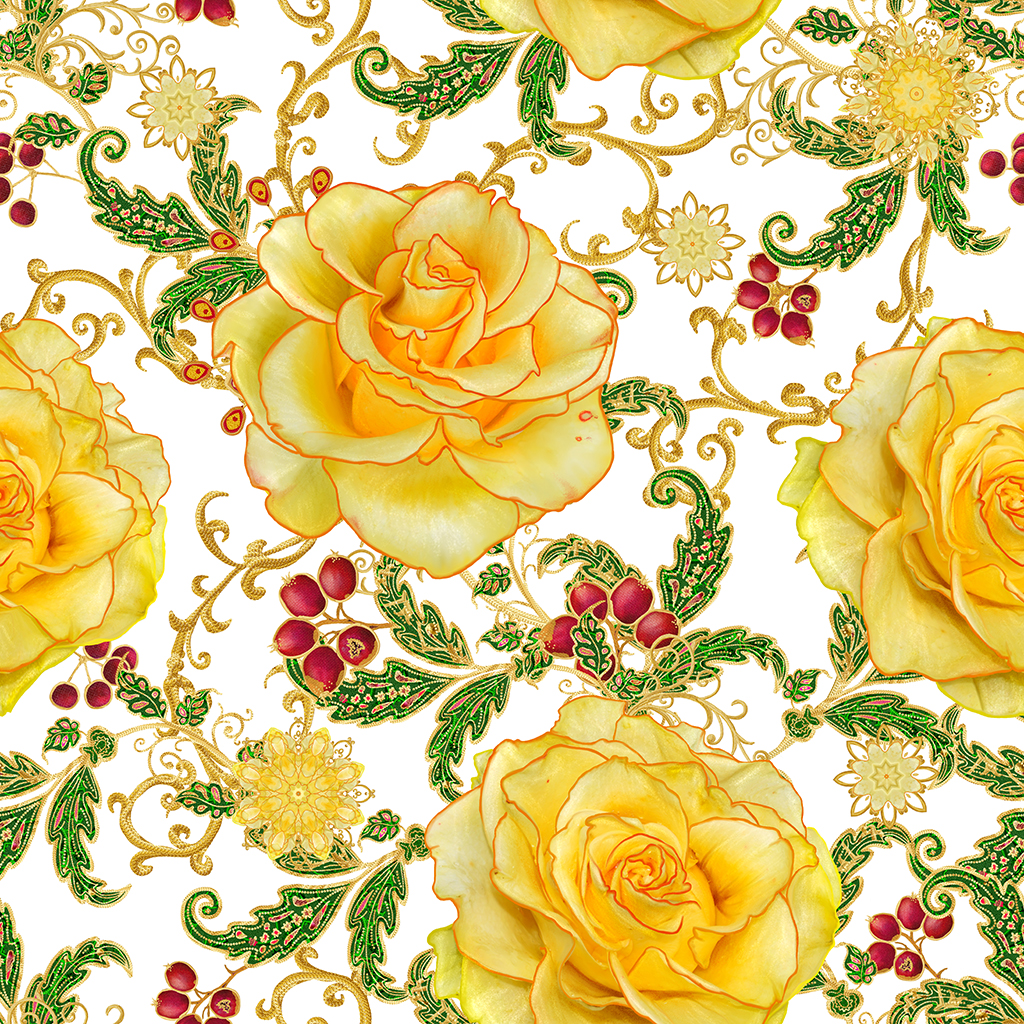Клеенка GRACE ST1035 ткань с пвх покрытием, жёлтые розы, веточки ягод шиповника, 1,37(+-3)х20м