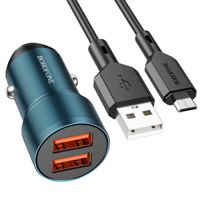 ЗУ в прикуриватель BOROFONE BZ19 синий + кабель micro USB (2*USB, 5B, 2400mA)