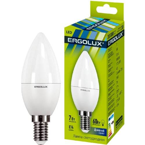 Эл. лампа светодиодная Ergolux LED-C35-7W-E14-6K (Свеча 7Вт E14 6500K 172-265В, аналог 60 Вт) 10/уп