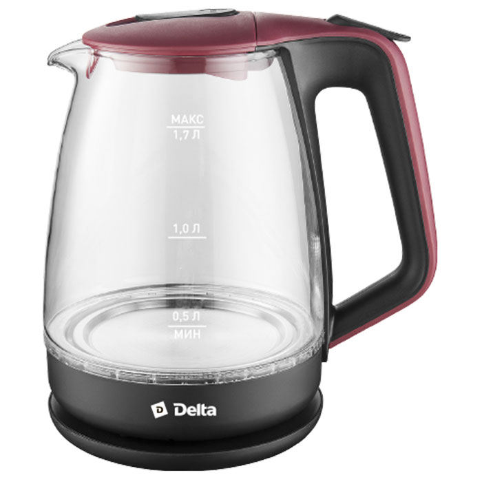 Чайник DELTA DL-1331 стекл, черный с красным: 2200 Вт, 1,7 л (6/уп)