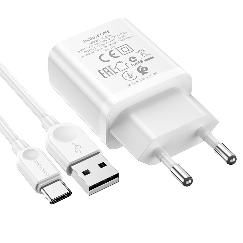 Блок пит USB сетевой  BOROFONE BA52A + кабельType-C Белый (5B, 2100mA, + кабель Type-C)