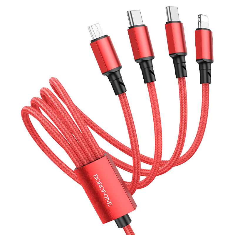 Кабель USB - 4в1 BOROFONE BX72 AM-8pin Lightning/microBM/2хType-C 1 метр, 2A, нейлон, красный (360)