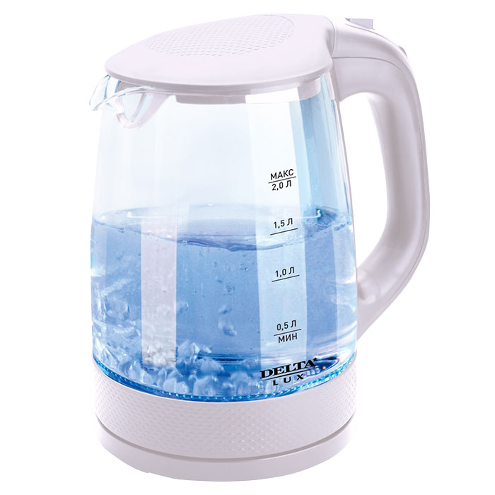 Чайник DELTA LUX DL-1058W стеклян корпус (белый) 2200 Вт, 2л, внутренняя подсветка (8/уп)