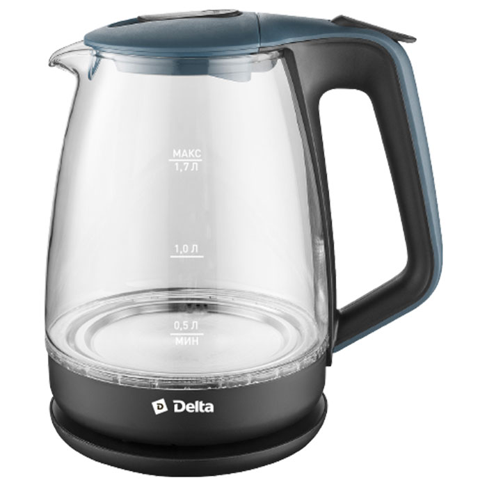 Чайник DELTA DL-1331 стекл, черный с синим: 2200 Вт, 1,7 л (6/уп)