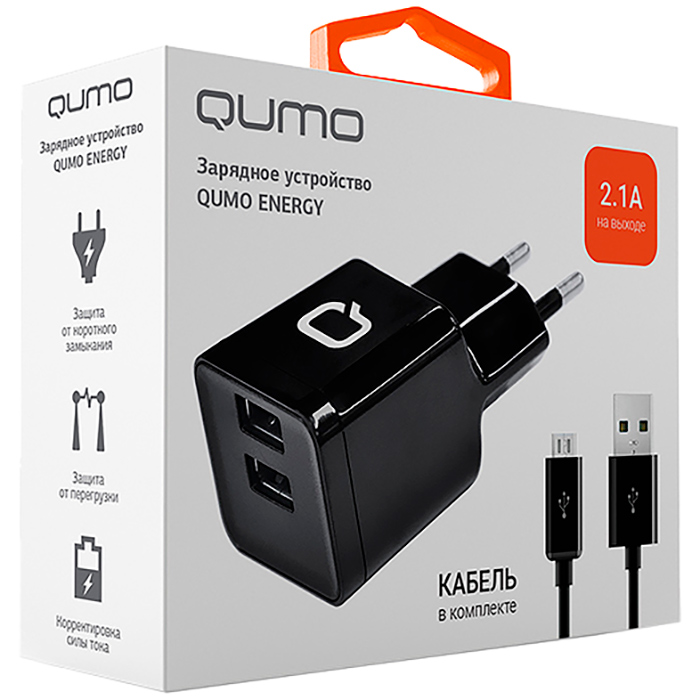 Блок пит USB сетевой Qumo Energy (Charger 0024) 2.1A, встроенный кабель MicroUSB, черный