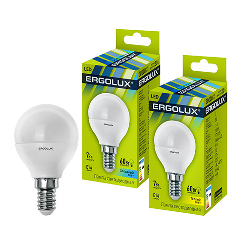 Эл. лампа светодиодная Ergolux LED-G45-7W-E14-4K (Шар 7Вт E14 4500K 172-265В, аналог 60 Вт)