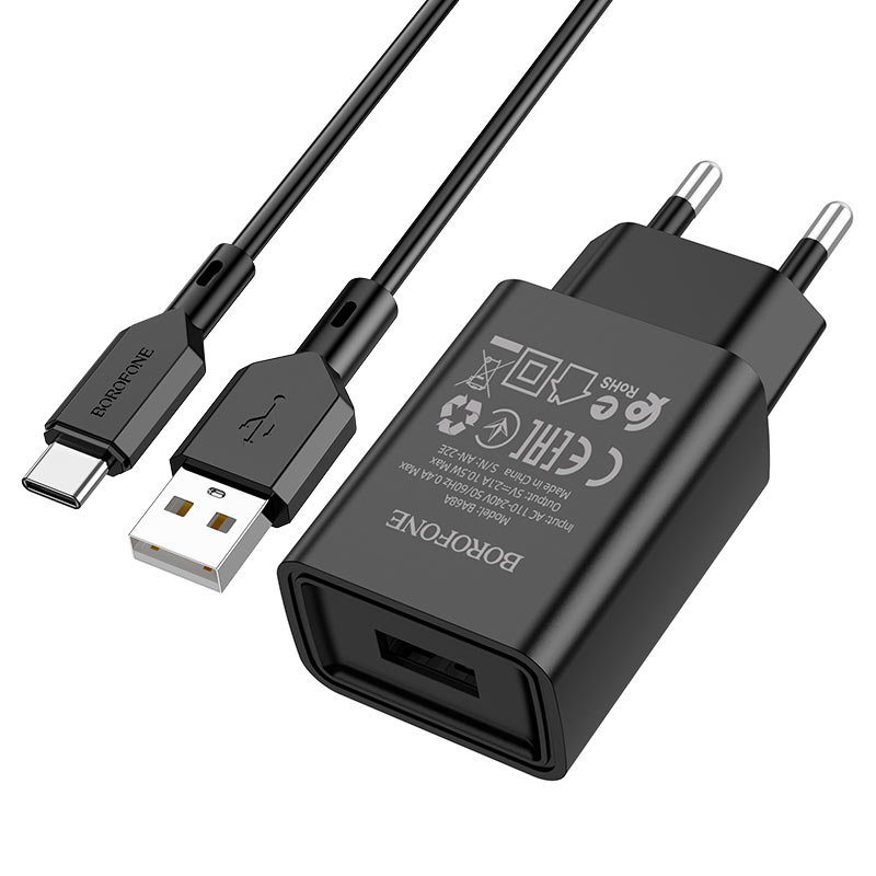 Блок пит USB сетевой  BOROFONE BA68A + кабельTYPE-C Черный (1USB, 2100mA)