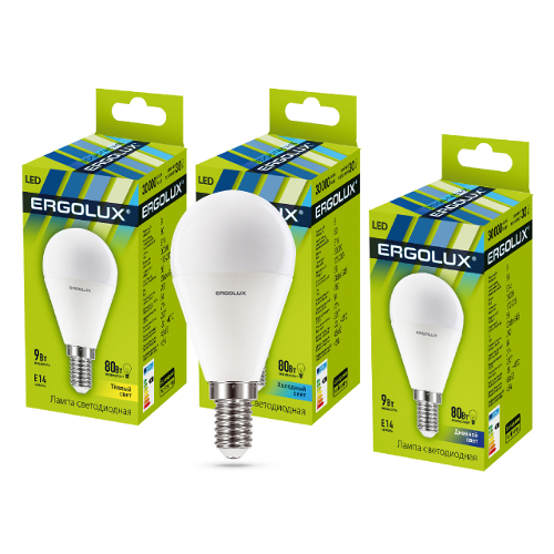 Эл. лампа светодиодная Ergolux LED-G45-9W-E14-6K (Шар 9Вт E14 6500K 172-265В, аналог 80 Вт)