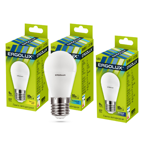 Эл. лампа светодиодная Ergolux LED-G45-9W-E27-6K (Шар 9Вт E27 6500K 172-265В, аналог 80 Вт)