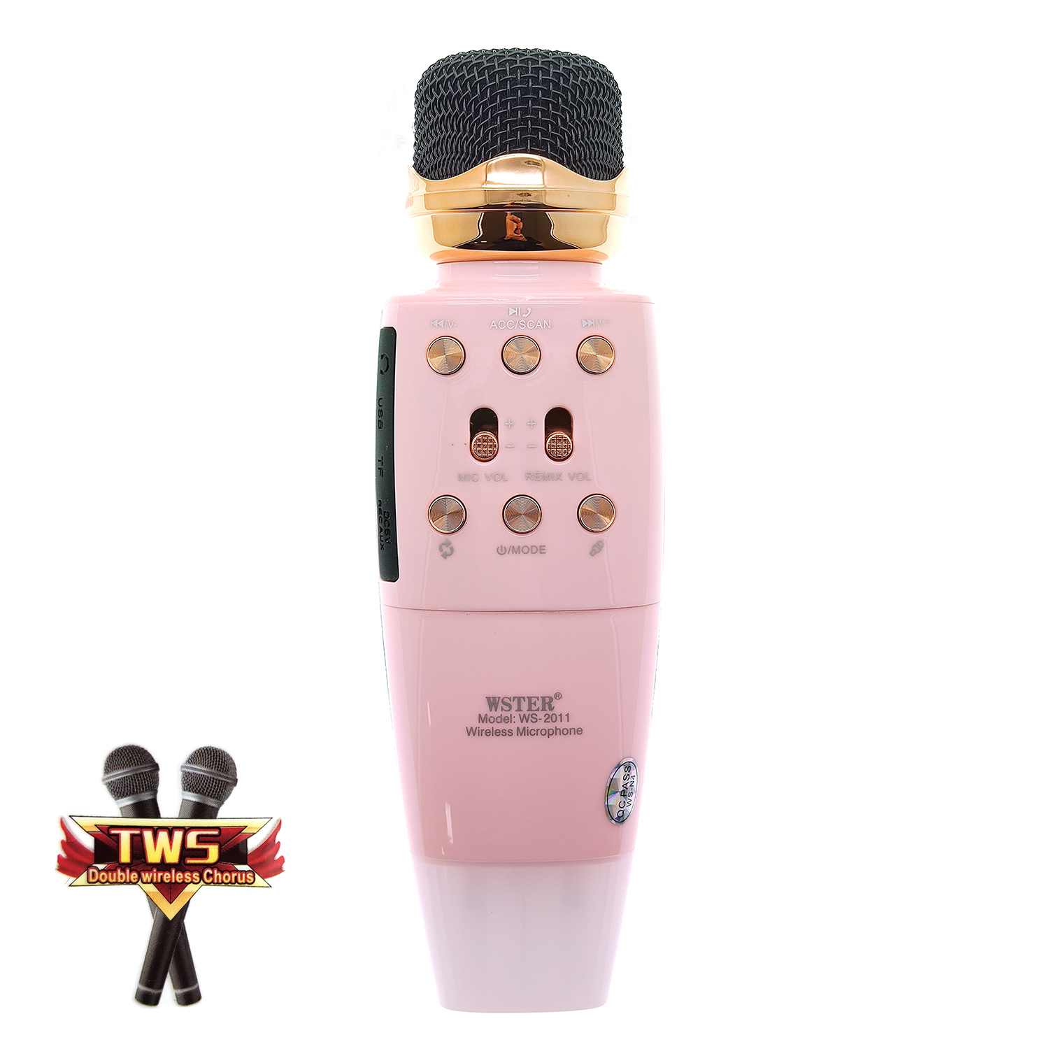 Микрофон WSTER WS-2011 Розовый, для караоке беспроводной (Bluetooth, динамики, USB/microSD)