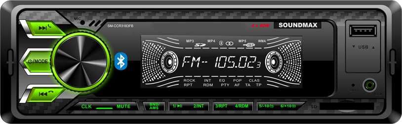 Авто магнитола  Soundmax SM-CCR3183FB черный\G (USB/SD, MP3 4*40Вт 18FM зелен подсветка)