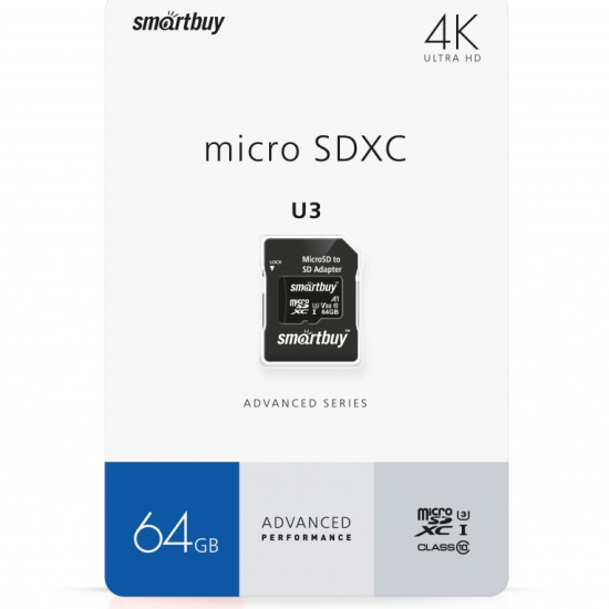 Пам.microSDXC, 64Gb Smartbuy U3 V30 A1 Advanced R/W up to 90/55 с адапт (SB64GBSDU1A-AD)