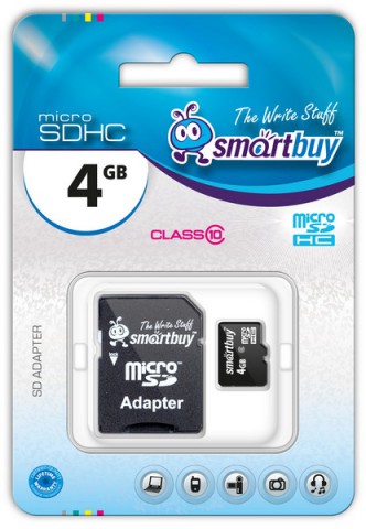 Пам.MicroSDHC, 4Gb Smart Buy (Class 10)  + переходник SD