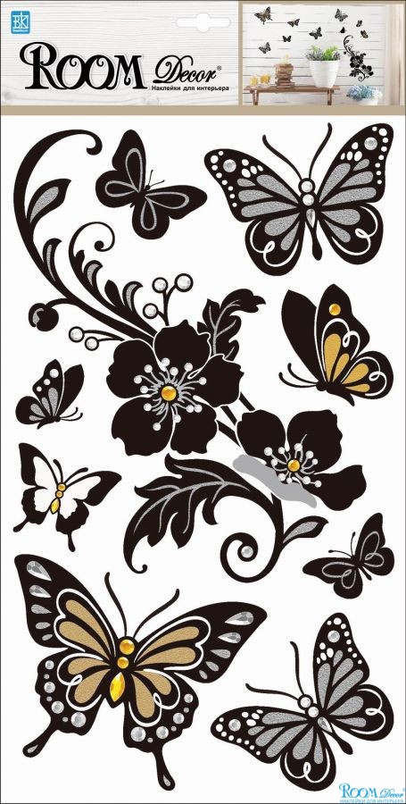 Наклейка   PLA 0911 (бабочки с цветами), влагостойкая, 3D, р.24х41см /уп.12/