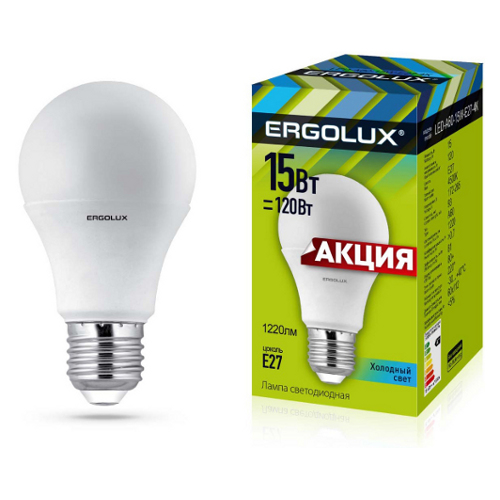 Эл. лампа светодиодная Ergolux LED-A60-15W-E27-4K (ЛОН 15Вт E27 4500K 172-265В,аналог  Вт ) 10/уп