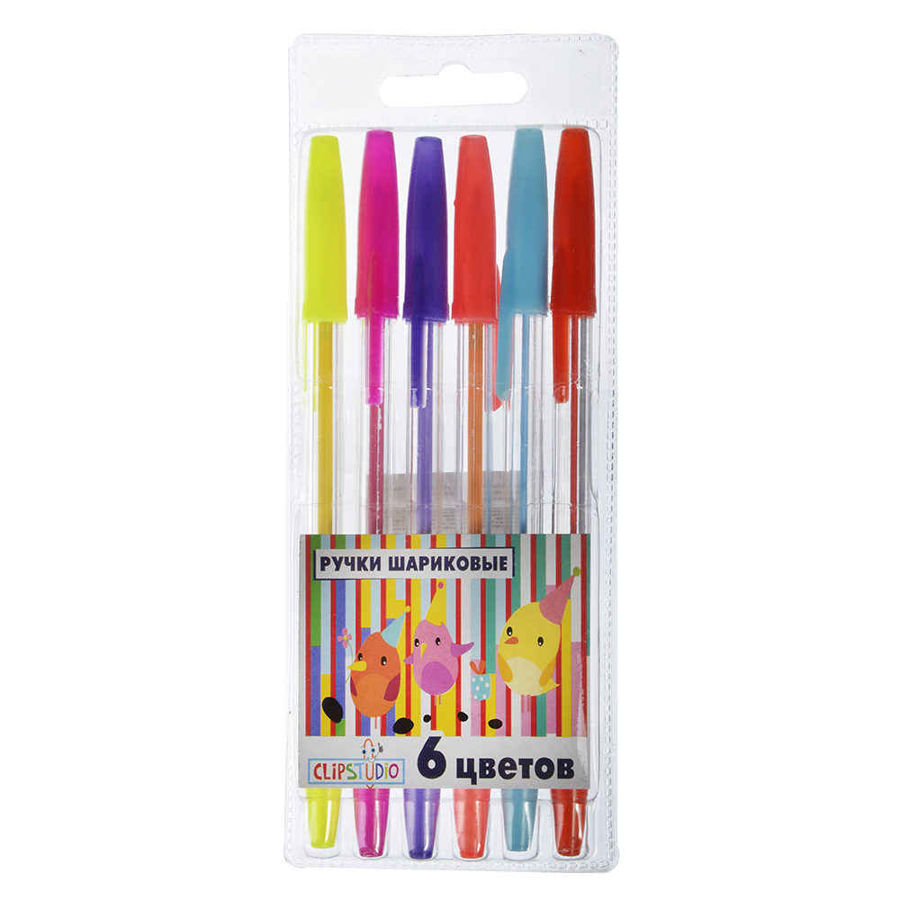 Ручки шариковые набор 6 цветов, 0,7 мм, в ПВХ пенале с подвесом