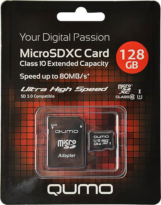 Пам.MicroSDXC,128Gb QUMO (Class 10 UHS-I U3, Pro seria 3.0, сверхскор) 90/70 МБ/с, адапт, красн уп