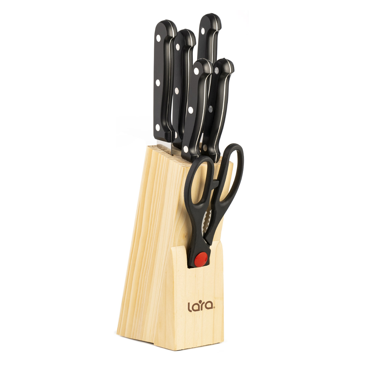 Набор ножей LARA LR05-53, 7 предметов: ДЕРЕВЯННАЯ ПОДСТАВКА + 5 ножей + ножницы