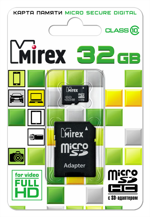 Пам.MicroSDHC,32Gb Mirex (Class 10) + переходник SD