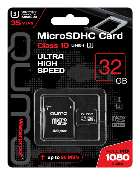 Пам.MicroSDHC,32Gb QUMO (Сlass 10 UHS-I U3 ,3.0, сверхск) с адап SD, черно-красная картон упаковка