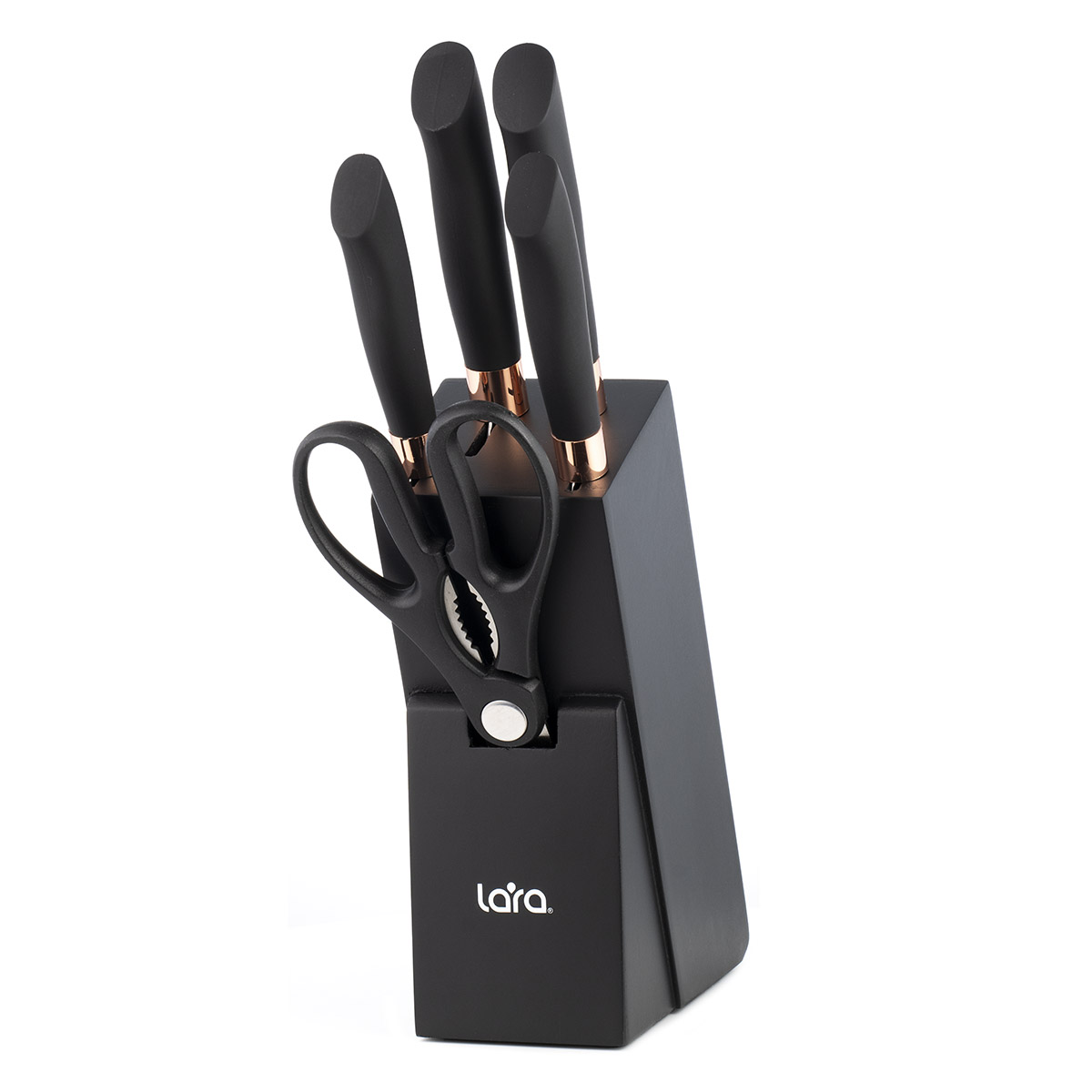 Набор ножей LARA LR05-55 6 предметов: Подставка (сосна) +4 ножа (Soft touch, мед.больстер+ ножницы)