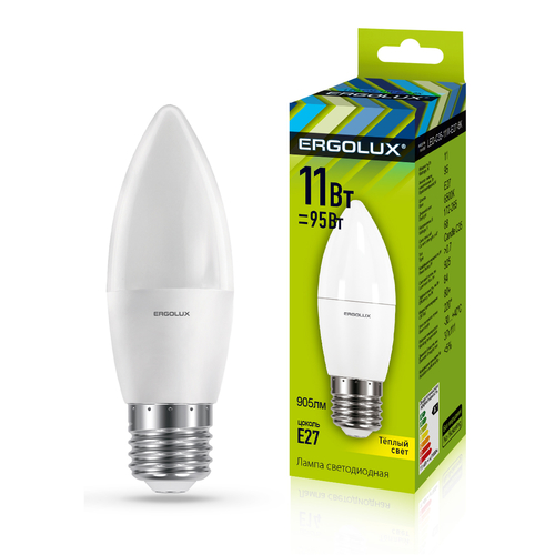 Эл. лампа светодиодная Ergolux LED-C35-11W-E27-3K (Свеча 11Вт E27 3000K 172-265В, аналог  Вт) 10/уп