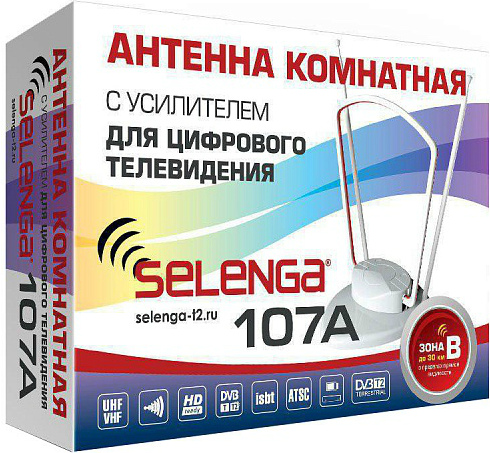Антенна ком. Selenga 107A активная (усил, DVB-T2/MB+ДМВ, блок питания USB/5В/33дБ)