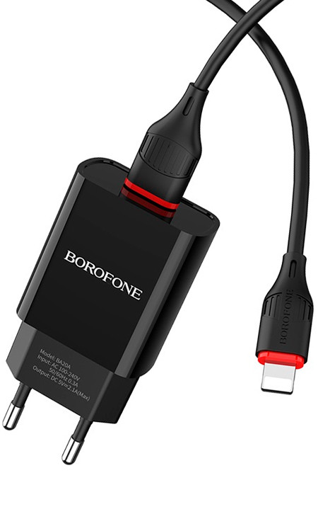 Блок пит USB сетевой  BOROFONE BA20A + кабель Lightning Чёрн (1USB, 2100mA)