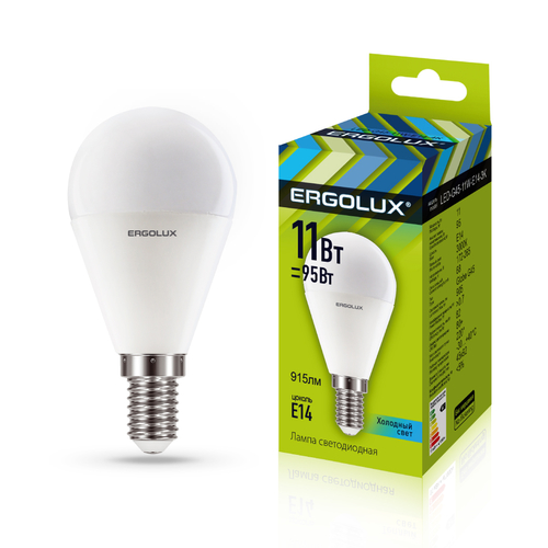 Эл. лампа светодиодная Ergolux LED-G45-11W-E14-4K (Шар 11Вт E14 4500K 172-265В, аналог Вт) 10/уп