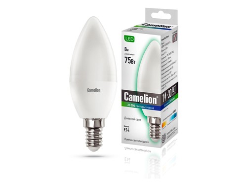 Эл. лампа светодиодная Camelion LED-C35- 8W-/865/E14 (Свеча 8Вт 220В, аналог 75Вт) уп.1/10/100