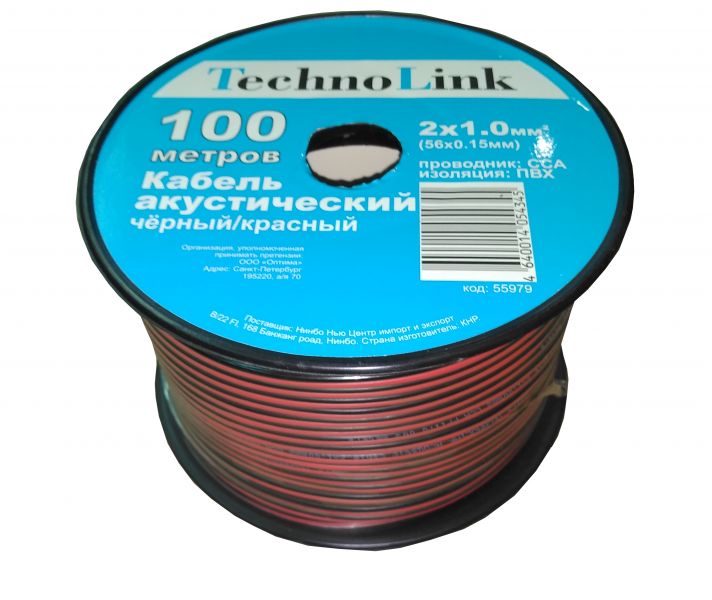 кабель акустический  Technolink 2*1.0мм2 (56*0.15мм) CCA, 100м, пластиковая катушка, чёрно-красн