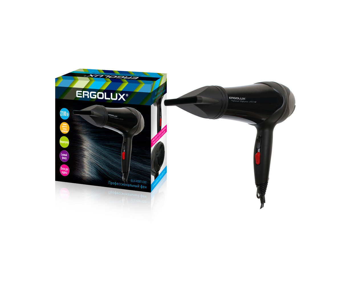 Фен ERGOLUX ELX-HD07-C02 черный  (профессиональный, 2100 Вт, 220-240В) (/уп)