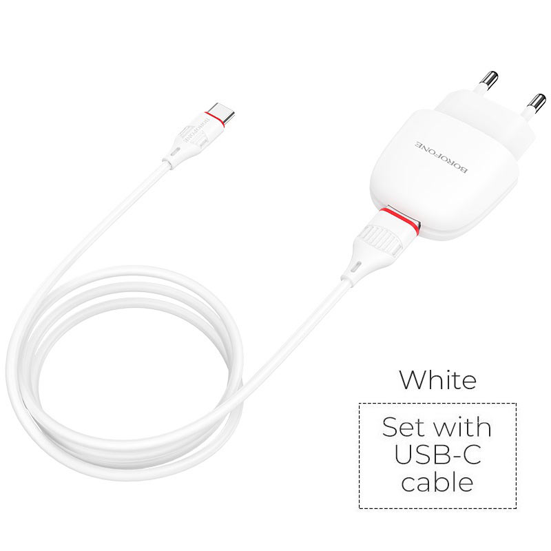 Блок пит USB сетевой  BOROFONE BA49A, 1хUSB-A, 2.1А + кабель (AM-Type-C), 1 м, белый