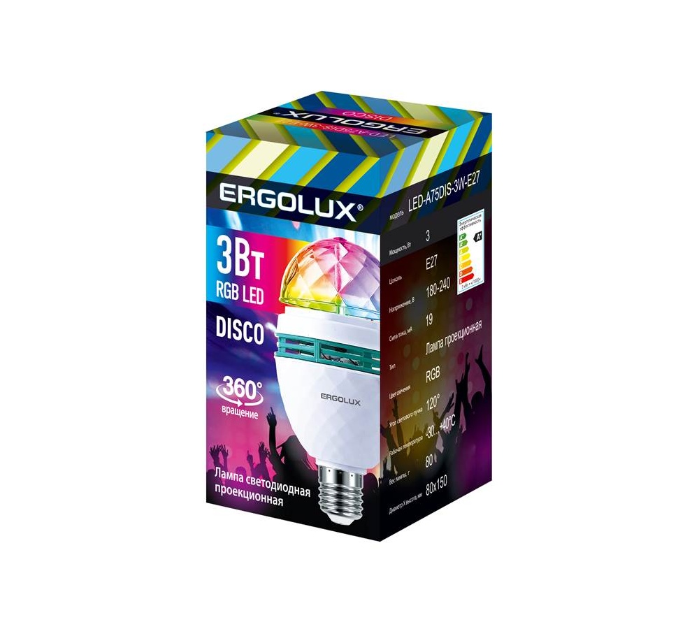 Эл. лампа светодиодная Ergolux LED-A75DIS-3W-E27 (DISCO ЛОН 3Вт E27 RGB 220-240В) уп.10/100