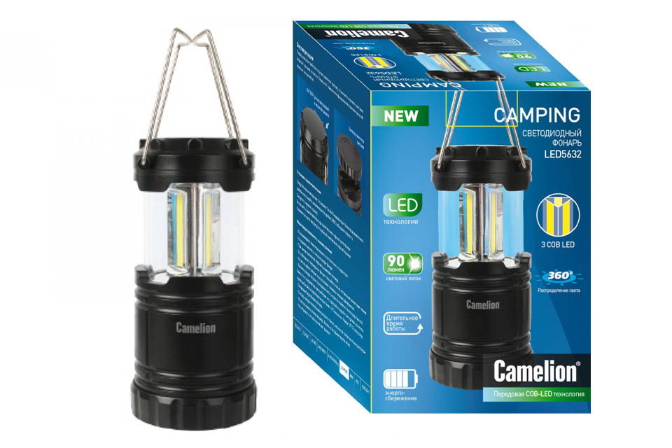 Фонарь  Camelion LED 5632 (фонарь для кемпинга, 3XR3, черный,3X COB LED, пласт кор)