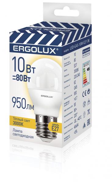 Эл. лампа светодиодная Ergolux LED-G45-10W-E27-3K (Шар 10Вт E27 3000K 220-240В, аналог Вт) 10/уп